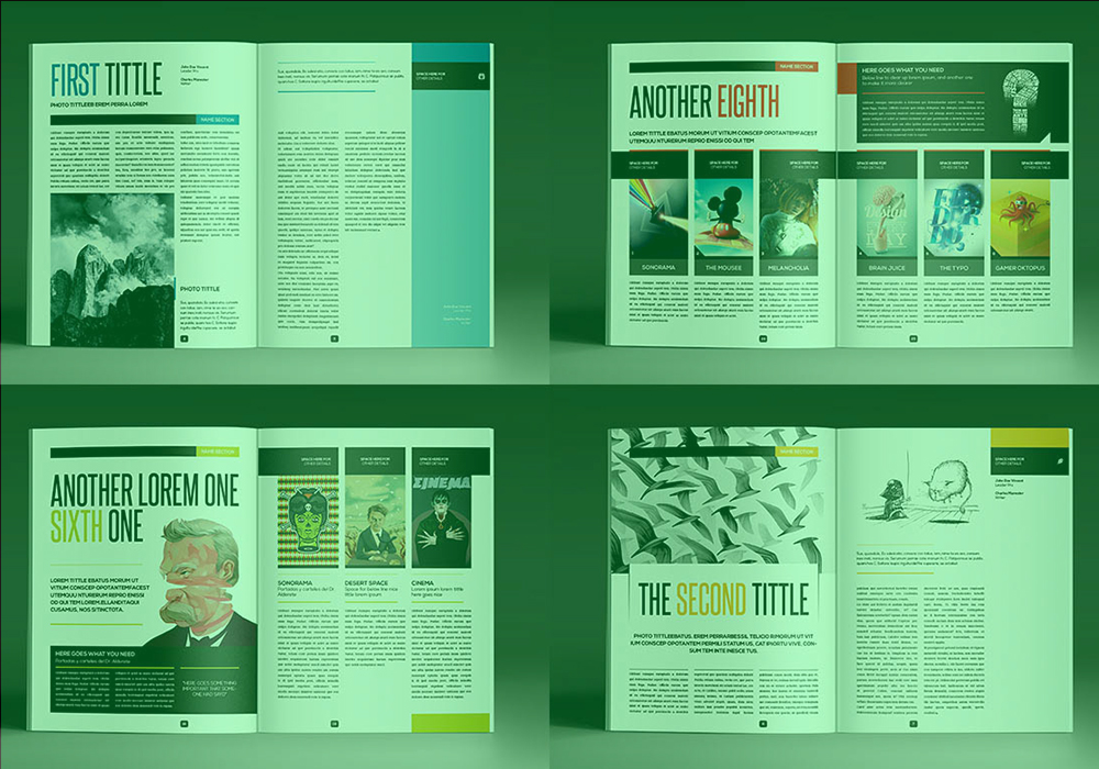 Magazine spreads showcasing various illustration styles and layouts, demonstrating work by an illustration design company.