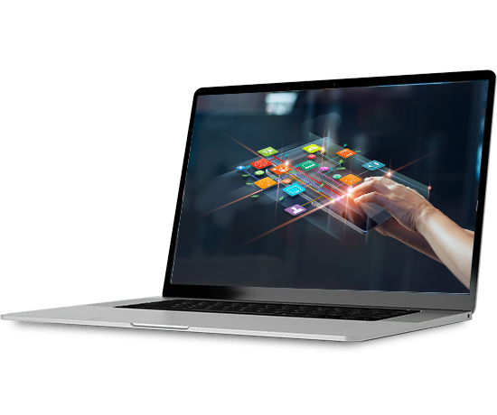 Hand interacts with digital apps on a laptop screen, symbolizing technology and innovation