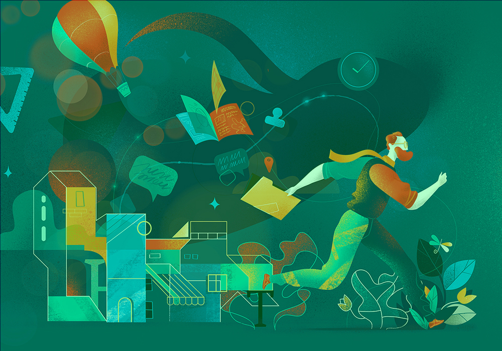 A colorful, abstract cityscape with a figure running, symbolizing movement and creativity by a top illustration agency in the USA.