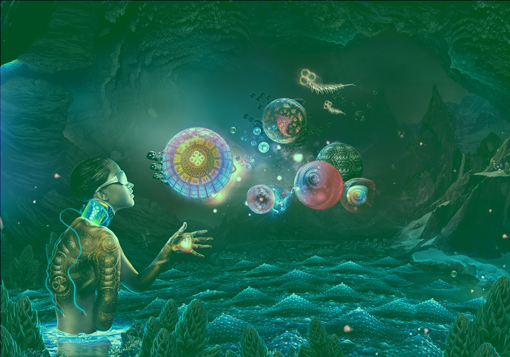 A futuristic illustration of a figure interacting with floating spheres, representing digital illustration by a design agency.