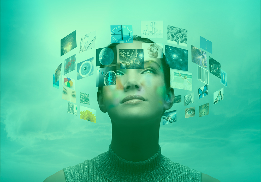 A woman with floating digital images around her head, representing creative processes at a digital illustration agency in New York.