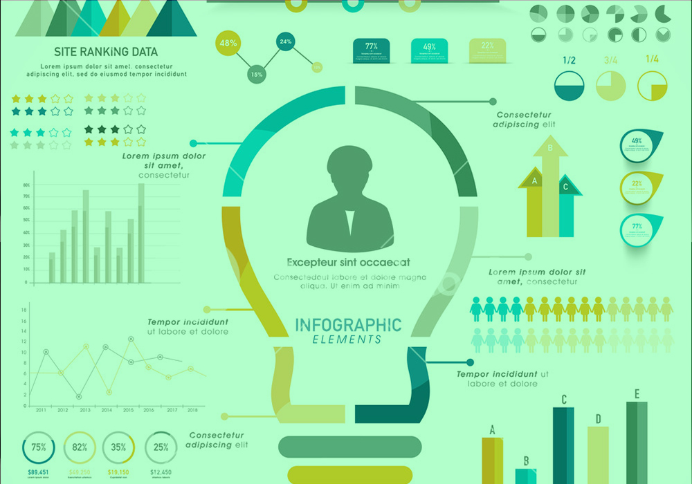 A creative infographic design with various elements, demonstrating custom illustration services for data presentation.