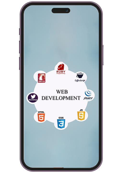 A smartphone screen displaying web development tools like Ruby, HTML5, CSS3, and JavaScript, used by a web app agency for development.