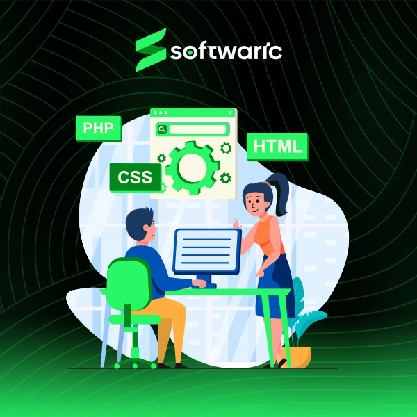 An illustration featuring two individuals working together on web design, surrounded by elements like PHP, HTML, and CSS, representing the collaborative approach of Wix website designers in simplifying business growth.