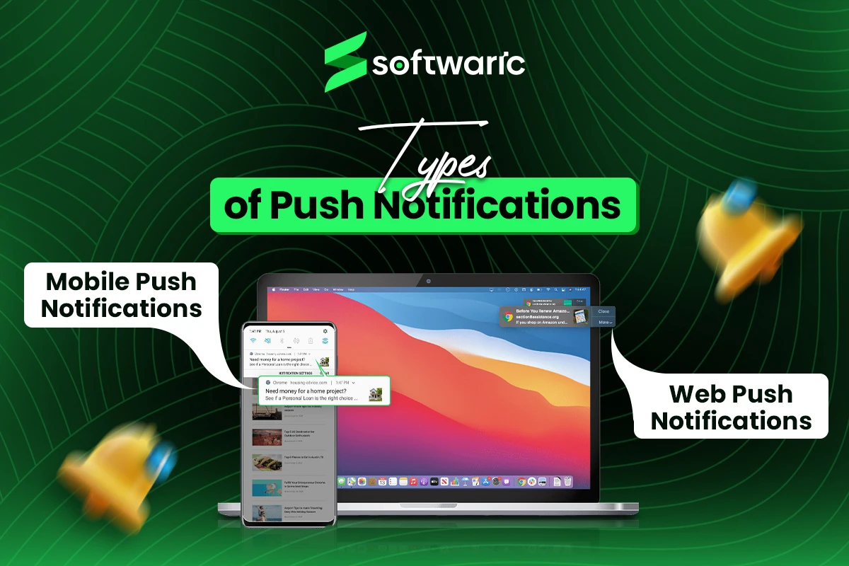 Image showing mobile and web push notifications on a smartphone and laptop with highlighted examples.