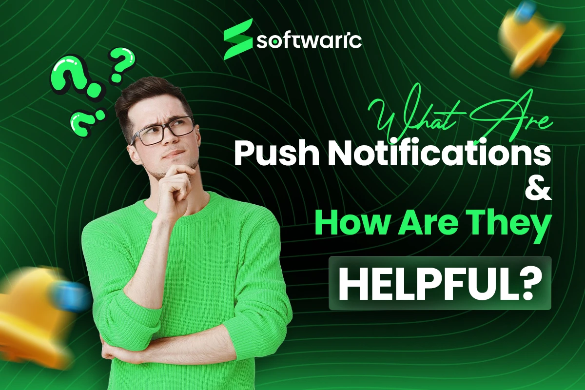 Man in green sweater thinking about push notifications with question marks and icons in a green background.