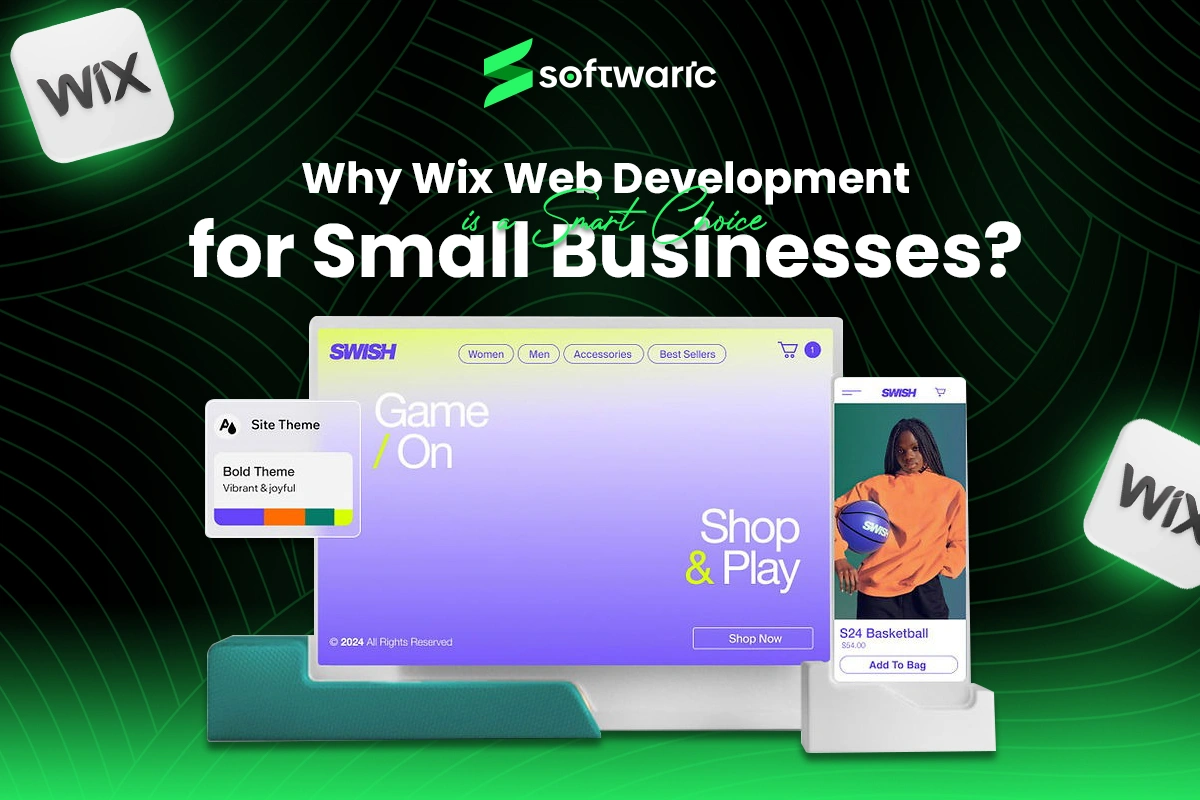 A visually engaging representation of Wix web development services, featuring a modern e-commerce interface with vibrant design elements showcasing a "Game On" theme, emphasizing its suitability for small businesses.